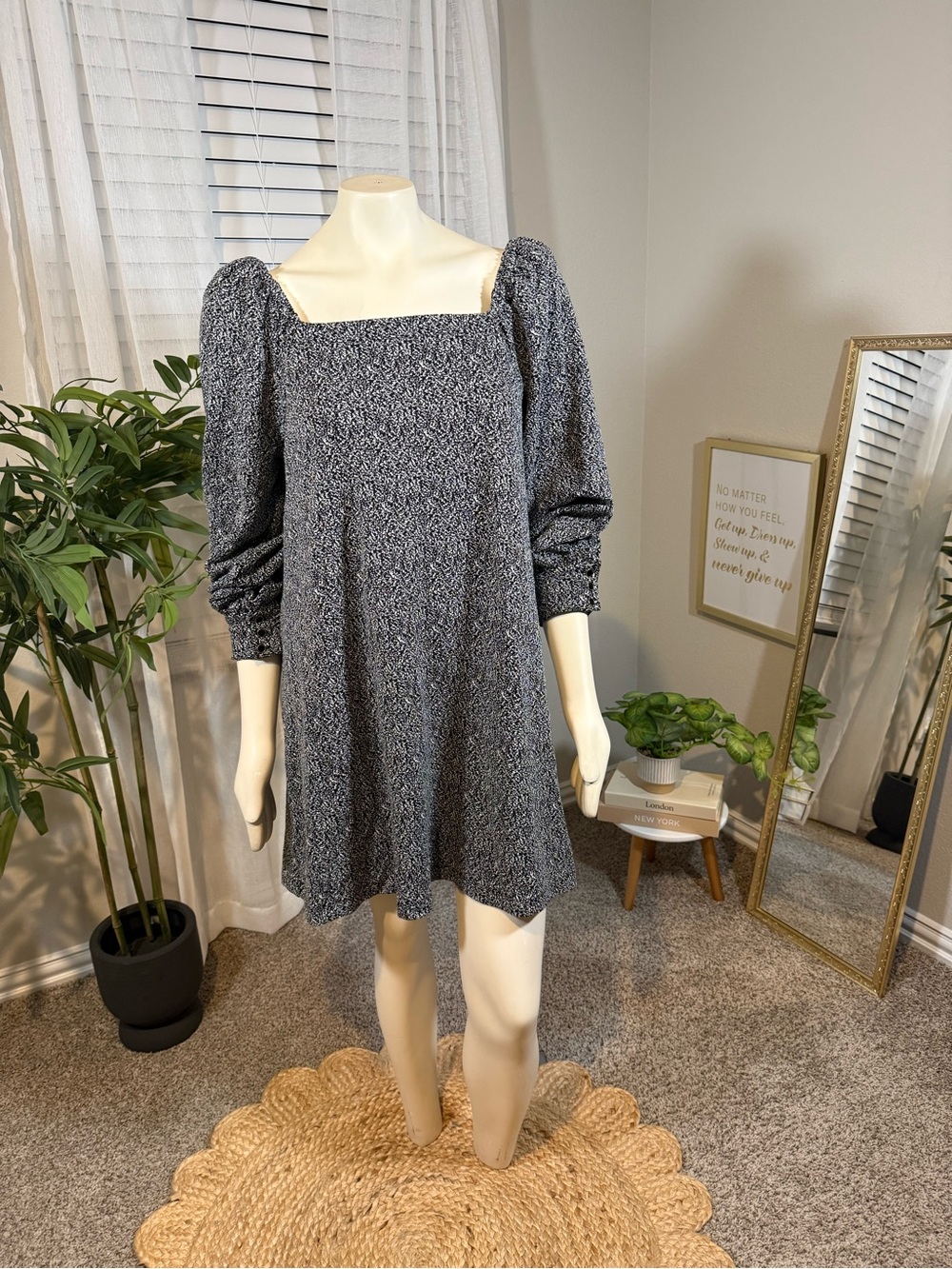 LOFT Black & White Marled Square Neck Puff Sleeve Dress – Size Large